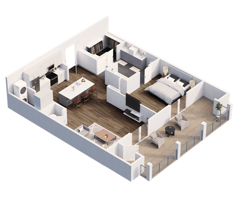 Floor plan for 1 bed, 1 bath, 863 sqft